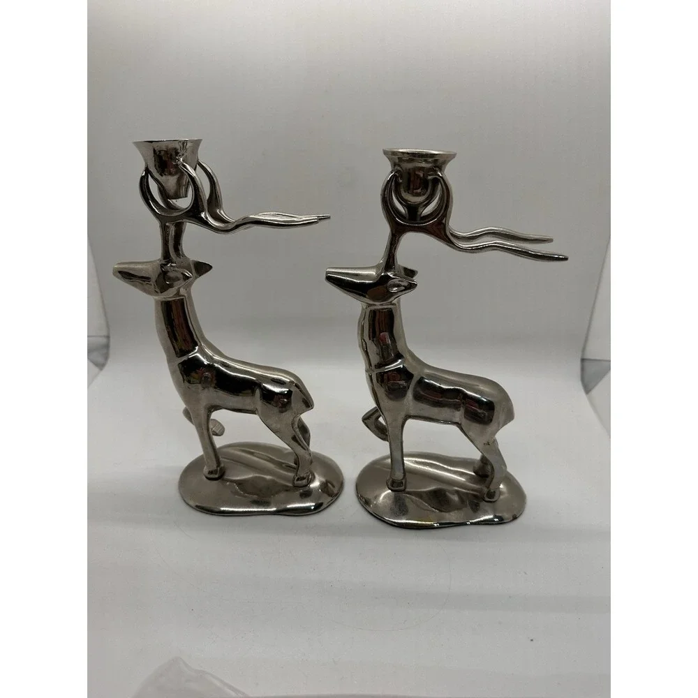 Vintage Silver Tone Reindeer Deer Candle Holders Pair Christmas Holiday‎ Decor